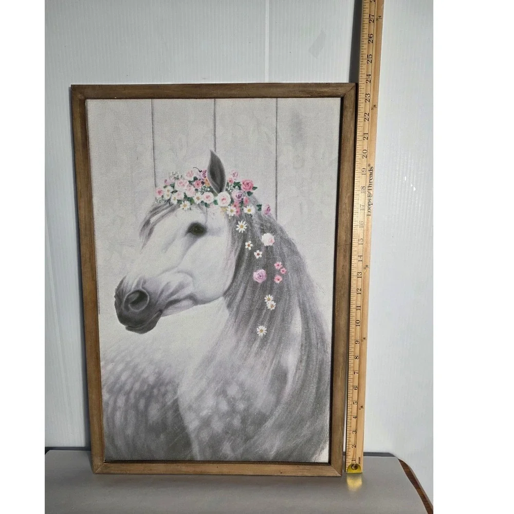Farmhouse Horse Floral Crown Wall Art Canvas Framed Rustic Decor